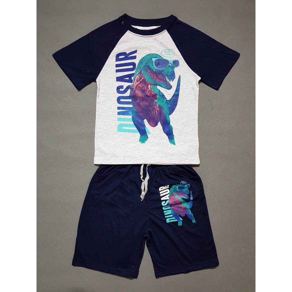 Bộ thun cotton mát mẻ tay ráp lăng in họa tiết khủng long thể thao cho bé trai