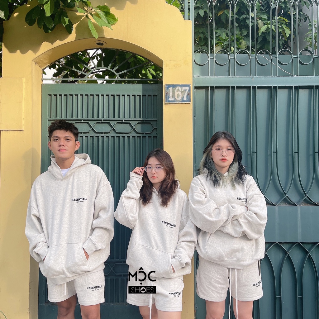 [CHÍNH HÃNG] Áo khoác Hoodie tay dài Fear Of God Essensial màu Oatmeal Xám Trắng SS22