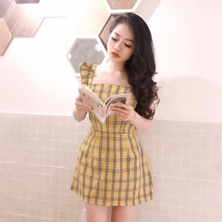 Set kẻ caro tay cánh tiên nơ sau lưng