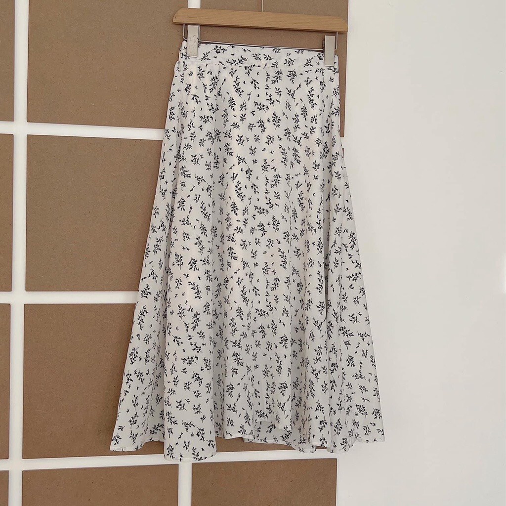 Chân váy hoa nhí vintage hàn quốc, váy hoa nhí dáng dài đen trắng vải voan 2 lớp siêu xinh