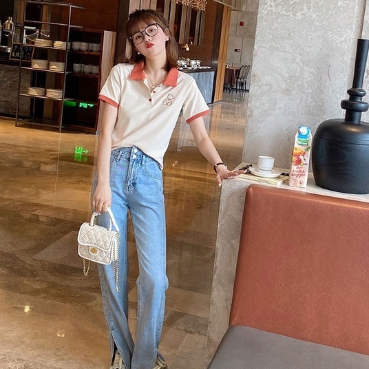 Áo Thun POLO Dệt Kim Tay Ngắn Dáng Rộng Thêu Hình Gấu Dễ Thương