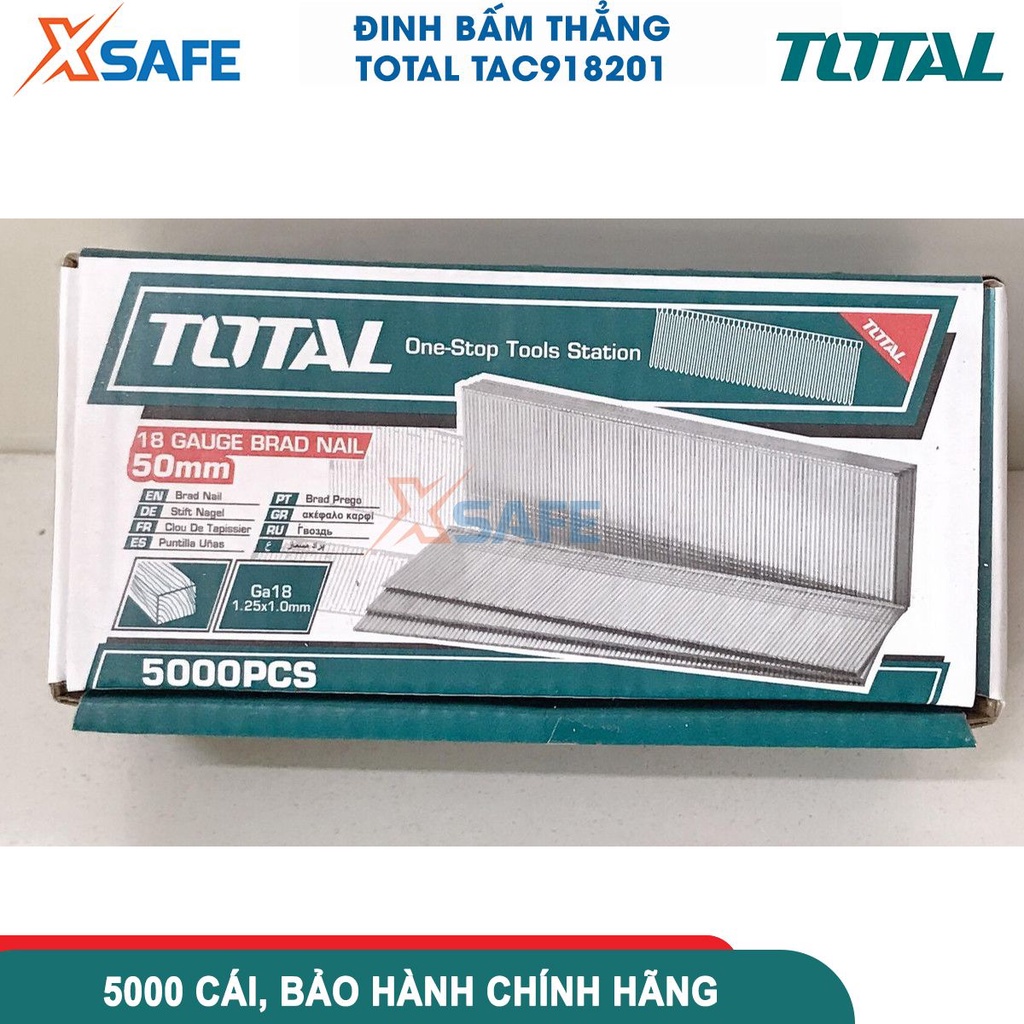 Đinh ghim bấm gỗ thẳng Total 15-50mm, 5000 ghim/hộp, Ga18,1,25X1,0mm - chính hãng