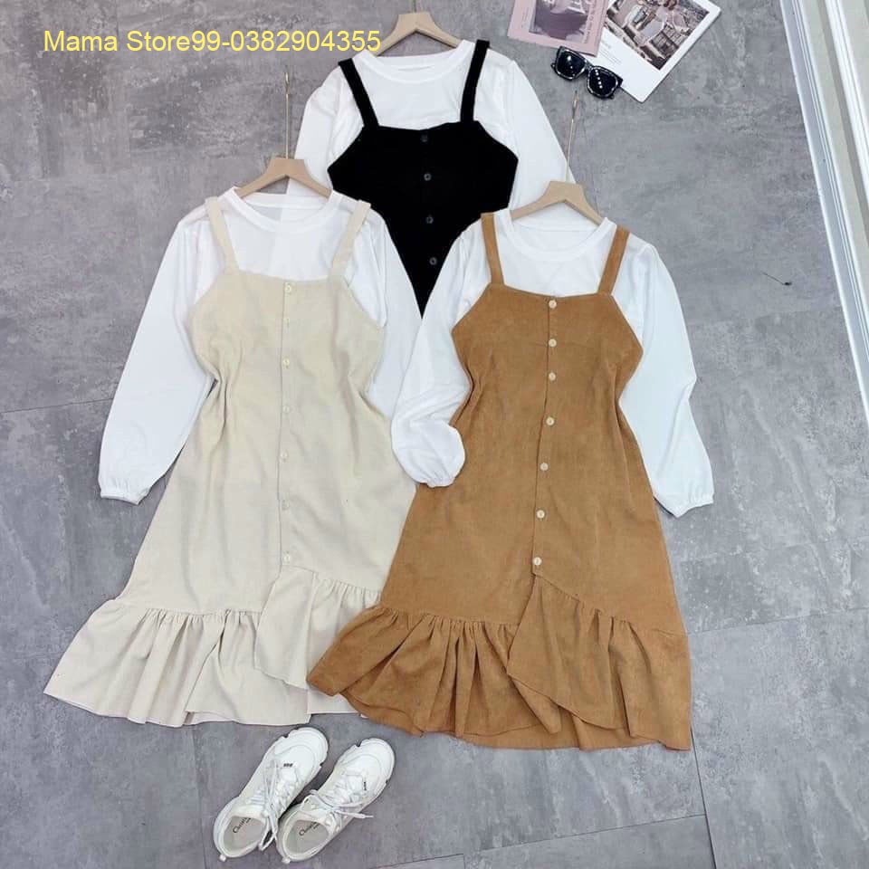 Sét Váy Yếm Bầu Dài Tay,Chất Nhung Tăm,Váy Bầu Đi Chơi,Dự Tiệc Công Sở Thu Đông V0014 Mama Store99