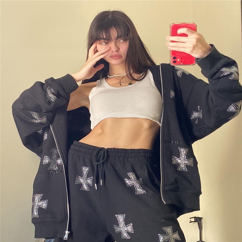 Áo khoác hoodie dáng dài in hình bướm phối khóa kéo phong cách đường phố 90s sành điệu