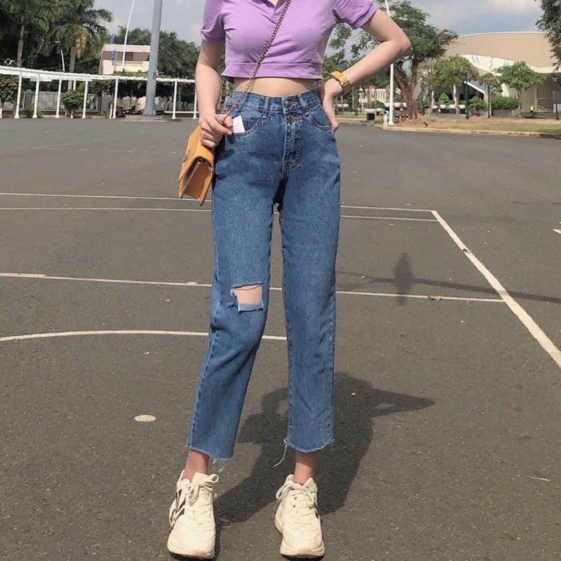 Quần Jean Nữ Baggy rách 2 bên gối , tua lai xanh đậm | BigBuy360 - bigbuy360.vn