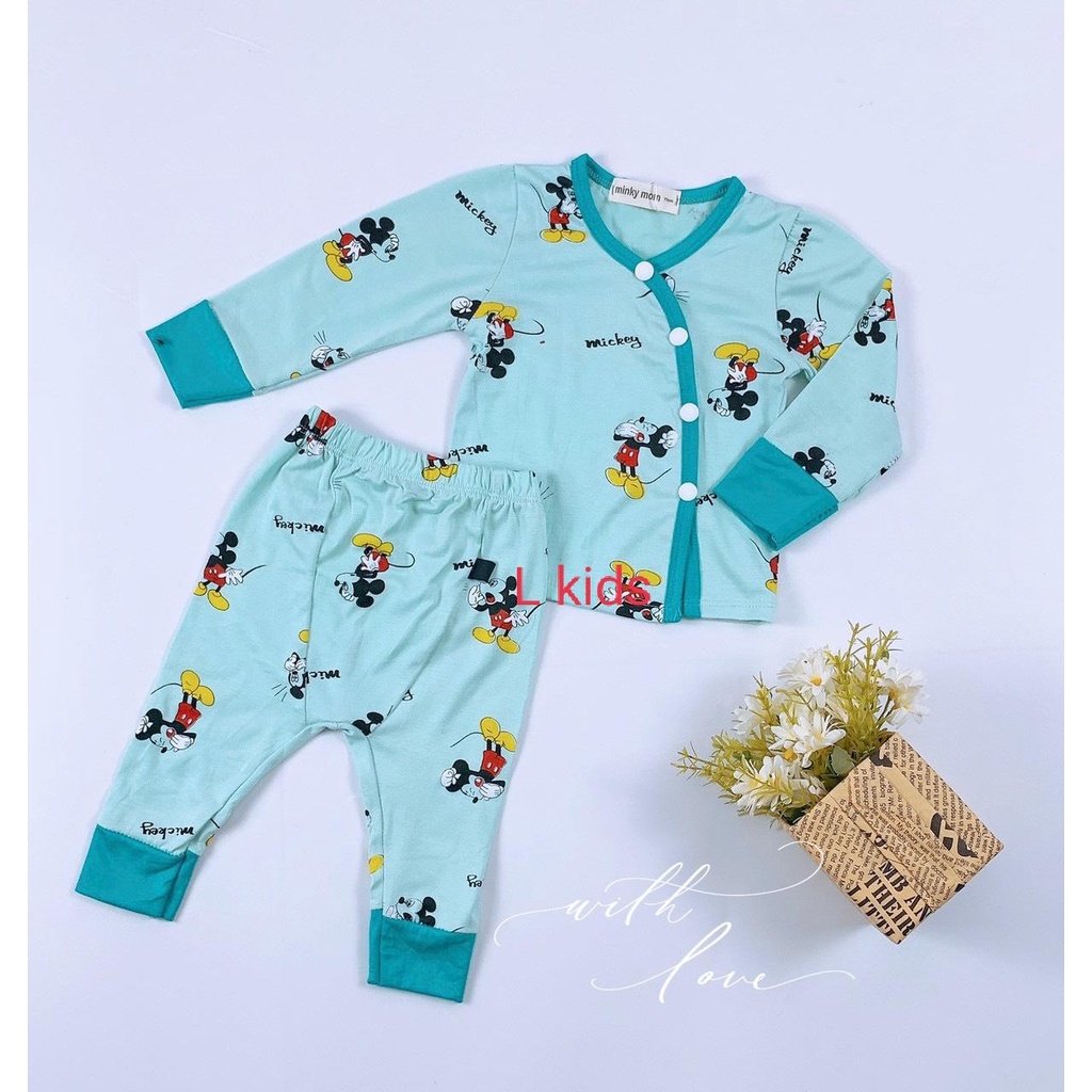 Bộ quần áo dài tay sơ sinh cúc cài lệch vải thun lạnh mềm Minky Mom quần đáp đũng đóng bỉm cho bé 3-9kg