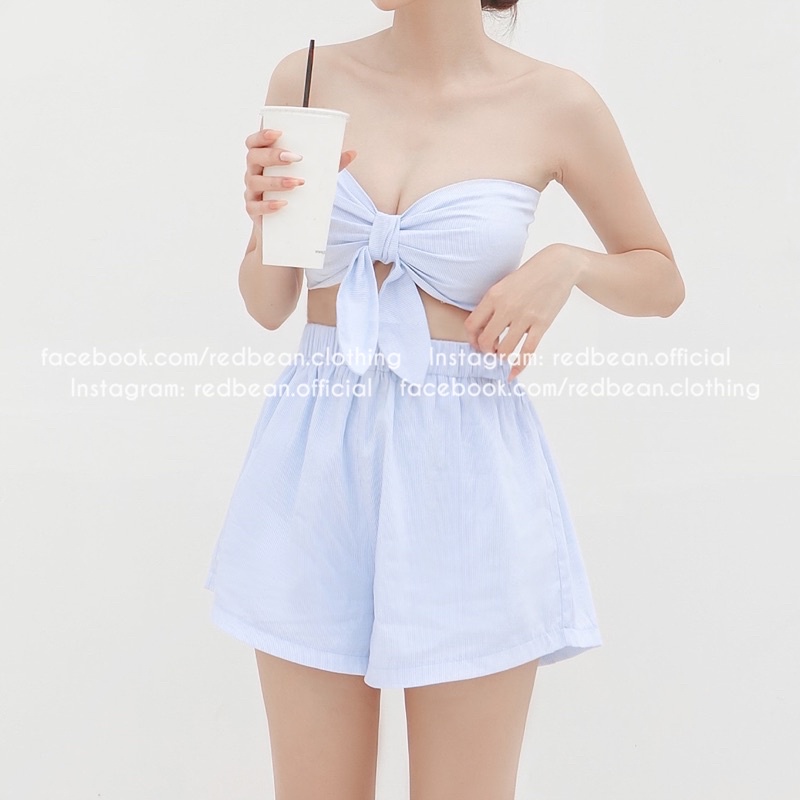 Set áo tube cột nơ và quần short đi biển - Avery - RED BEAN