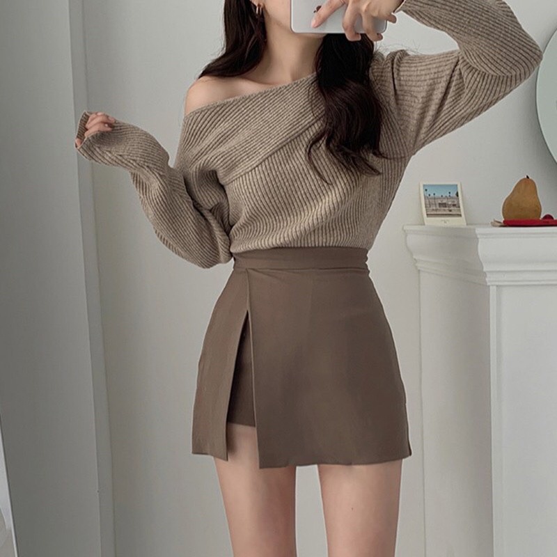 sét váy áo len lệt vai+ chân váy