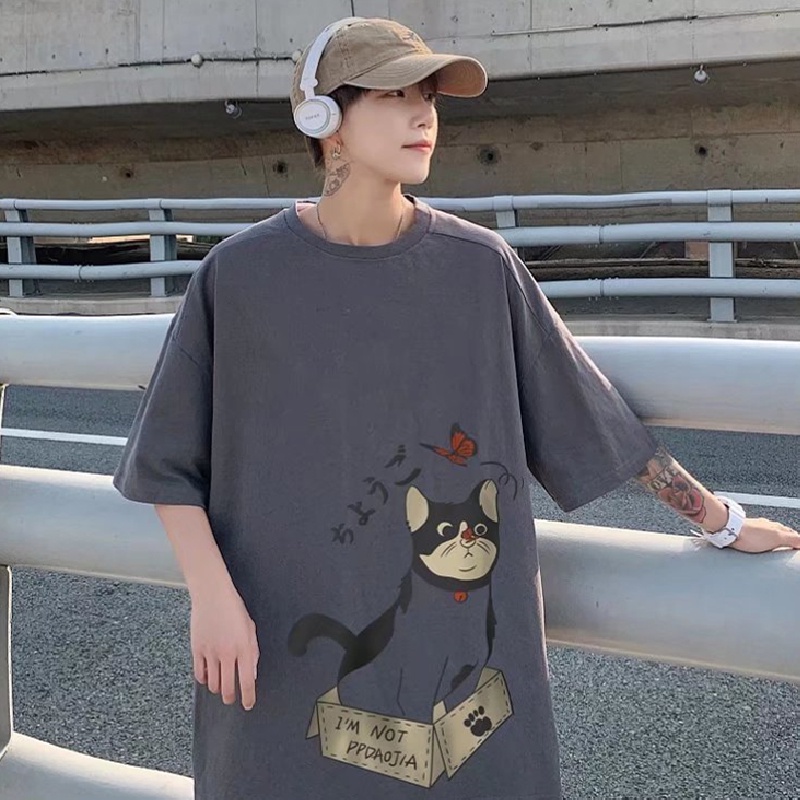 Áo Thun Nam Tay Ngắn Dáng Rộng In Hình Mèo Hoạt Hình Phong Cách Hip Hop Thời Trang Mùa Hè Mới size M-8XL