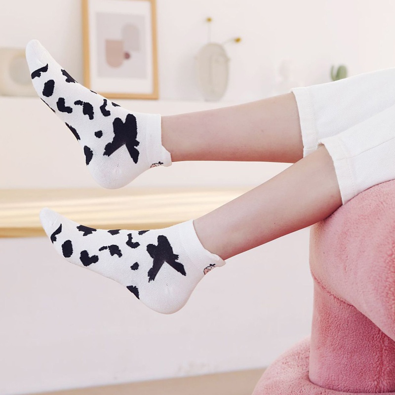 XIXI Vớ cổ thấp vô hình thêu họa tiết bò sữa hoạt hình phong cách Harajuku thời trang mùa hè cho nữ