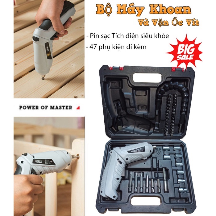 Máy bắn vít cầm tay mini 47 phụ kiện 2 chiều dùng pin sạc Tua vít điện Tuốc nơ điện dùng sạc USB máy xoáy ốc, khoan đục