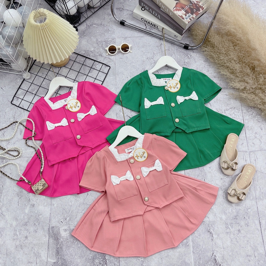 Set váy bèo cổ nơ túi ngực và chân váy xếp ly liền quần 15-30kg
