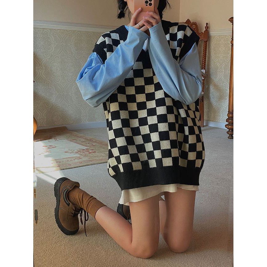 Áo khoác len không tay dáng rộng họa tiết kẻ sọc thời trang cho nữ | BigBuy360 - bigbuy360.vn