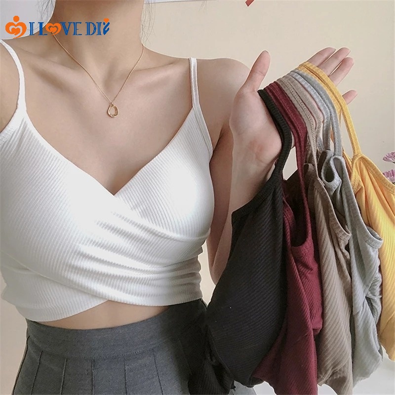 Áo Thun Cotton Ngắn Dây Chéo Màu Sắc Trơn Phong Cách Hàn Quốc Cho Nữ
