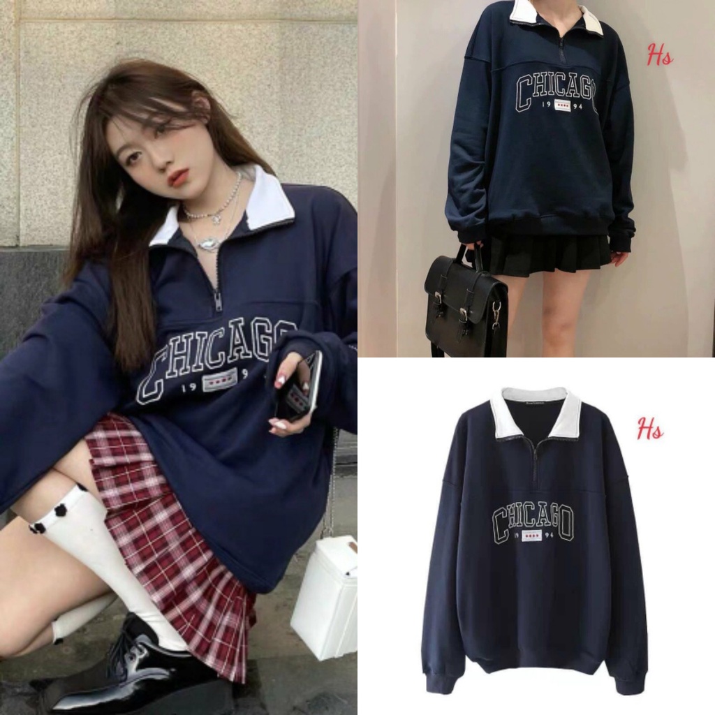 Áo Sweater Nỉ Cổ Khóa CHICAGO 1994, Áo Thun Nữ Dài Tay Cổ Bẻ Hàn Quốc
