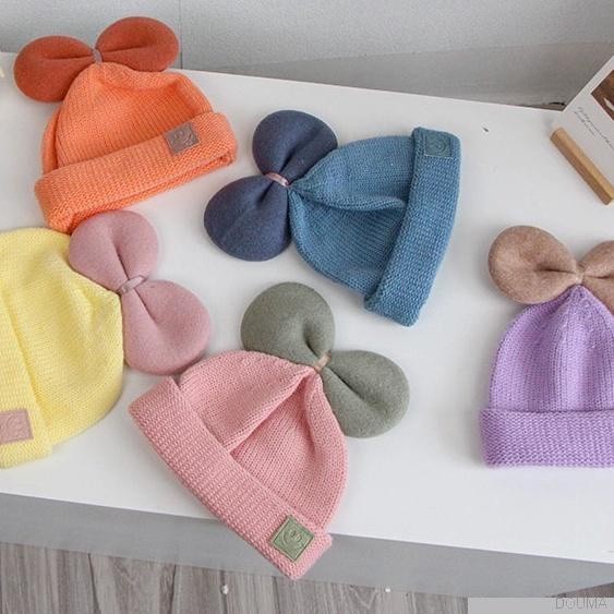 Mũ beanie dệt kim mềm co giãn đính nơ màu kẹo dễ thương dành cho bé sơ sinh