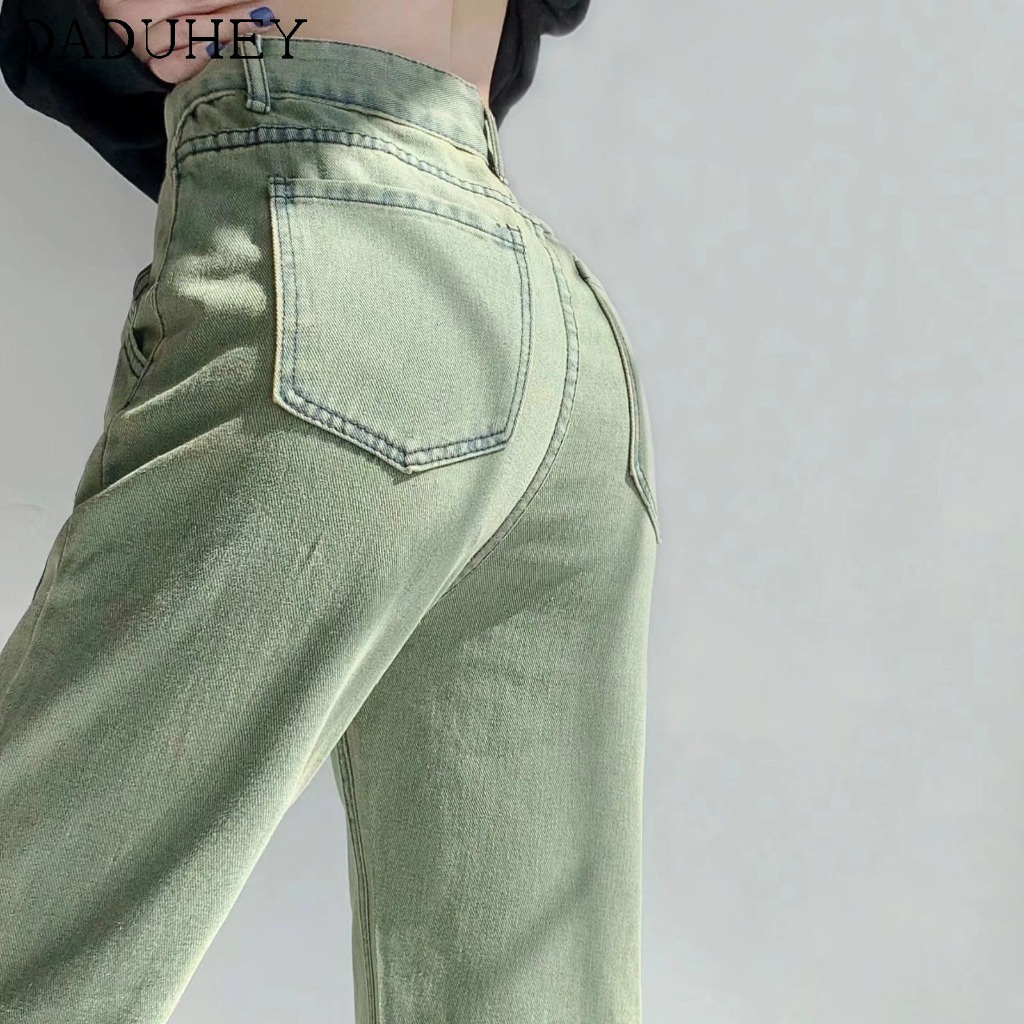 Quần jeans daduhey ống rộng màu xanh lá phong cách Hàn Quốc thời trang mùa hè 2022
