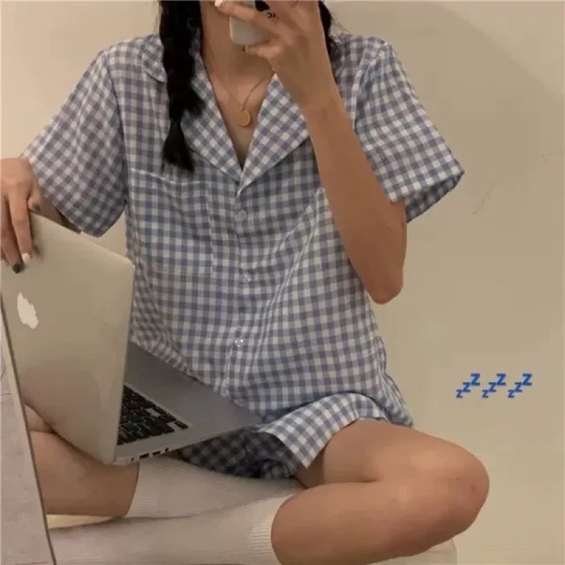 Bộ ngủ nữ phong cách Hàn Quốc hoạ tiết caro có sẵn