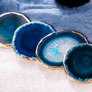2Pcs Agate Slice Blue Coaster Tray Decorative Design Gold Edges