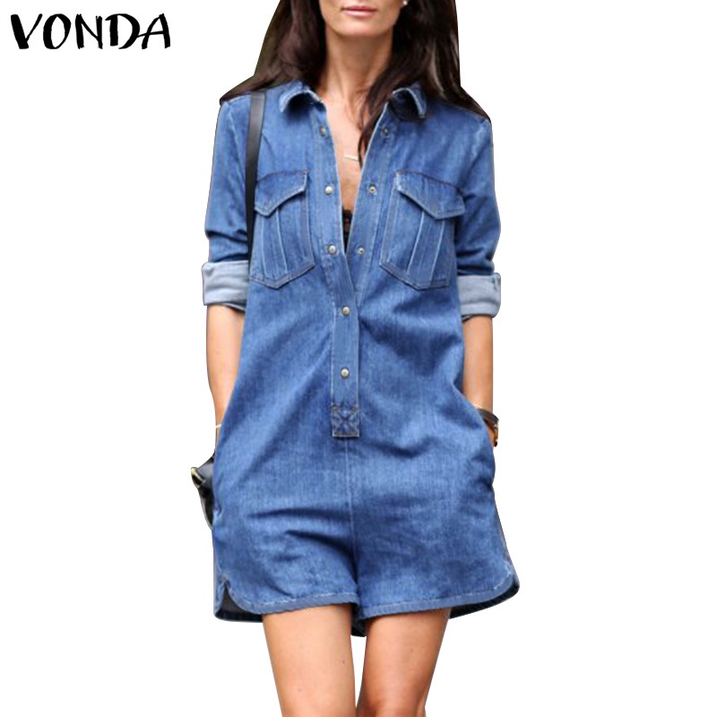 Jumpsuit VONDA tay dài phối khuy màu trơn trẻ trung cho nữ
