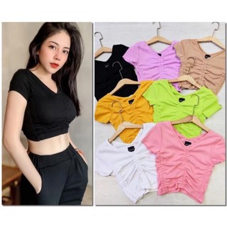 Áo Croptop Nữ Thun Gân Ngắn Tay Cổ V Kiểu Nhún Rút Dây From Ôm Body Dáng Siêu Xinh Giá Rẻ Hở Eo Vải Dày Cá Tính CRT
