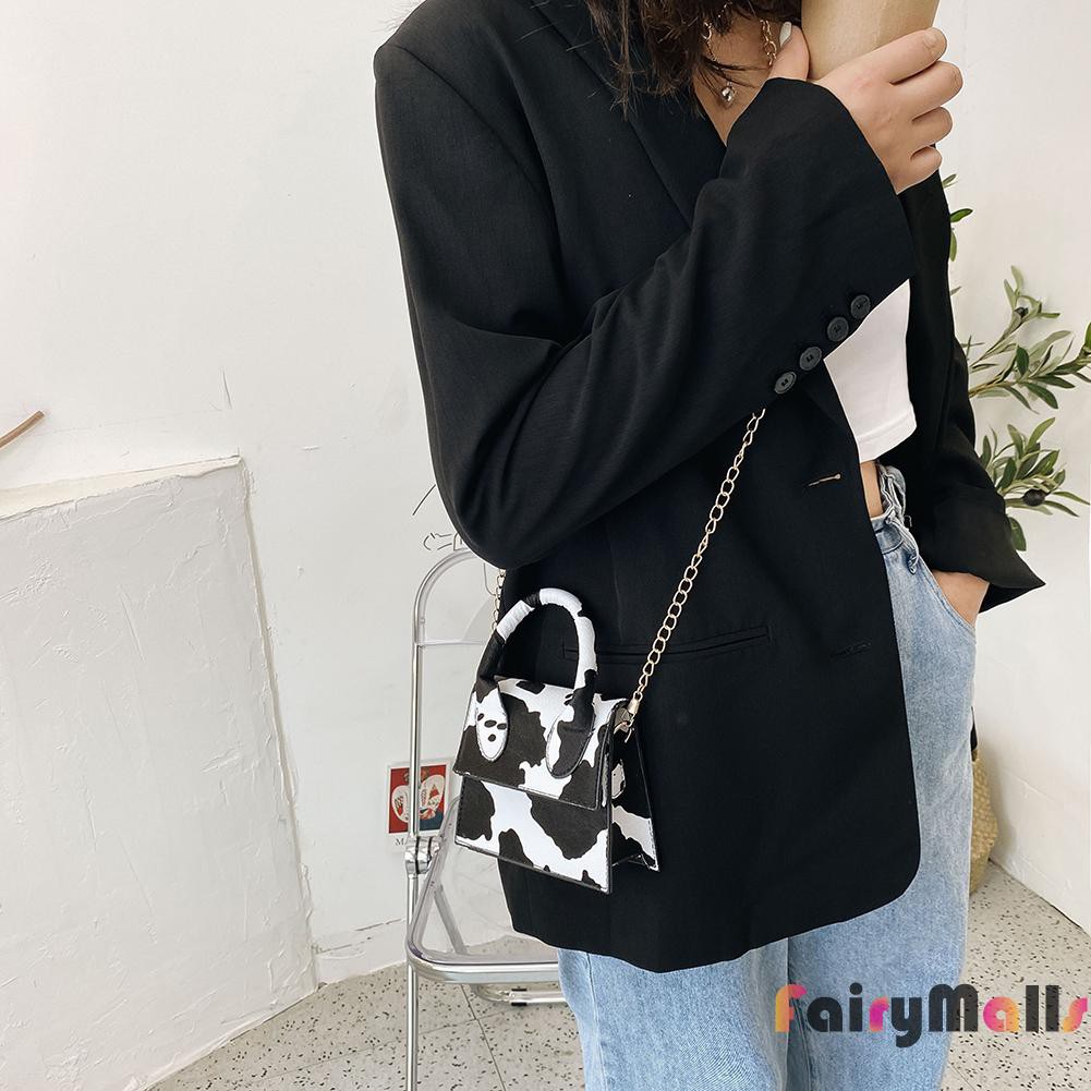 Túi xách mini bằng da PU in họa tiết bò sữa thời trang cho nữ