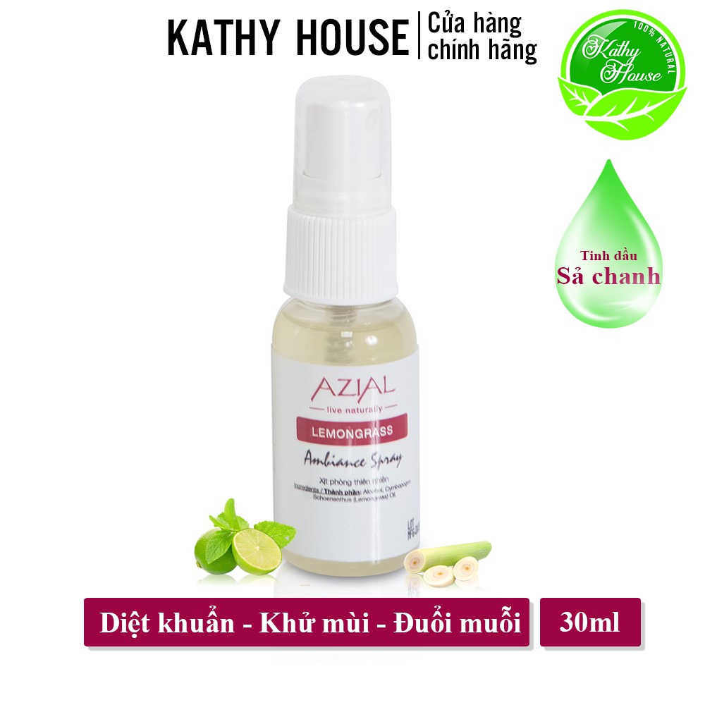 Xịt phòng tinh dầu sả chanh AZIAL Lemongrass 30ml, khử mùi, diệt khuẩn, đuổi muỗi, hương thơm dễ chịu