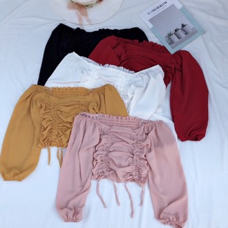 Áo croptop cổ vuông tay dài phồng phối dây rút_áo kiểu