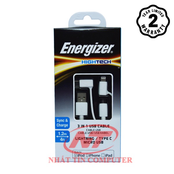 Cáp Energizer 3 trong1 Lightning-Micro-Type C 1m (Trắng) - Hãng phân phối chính thức