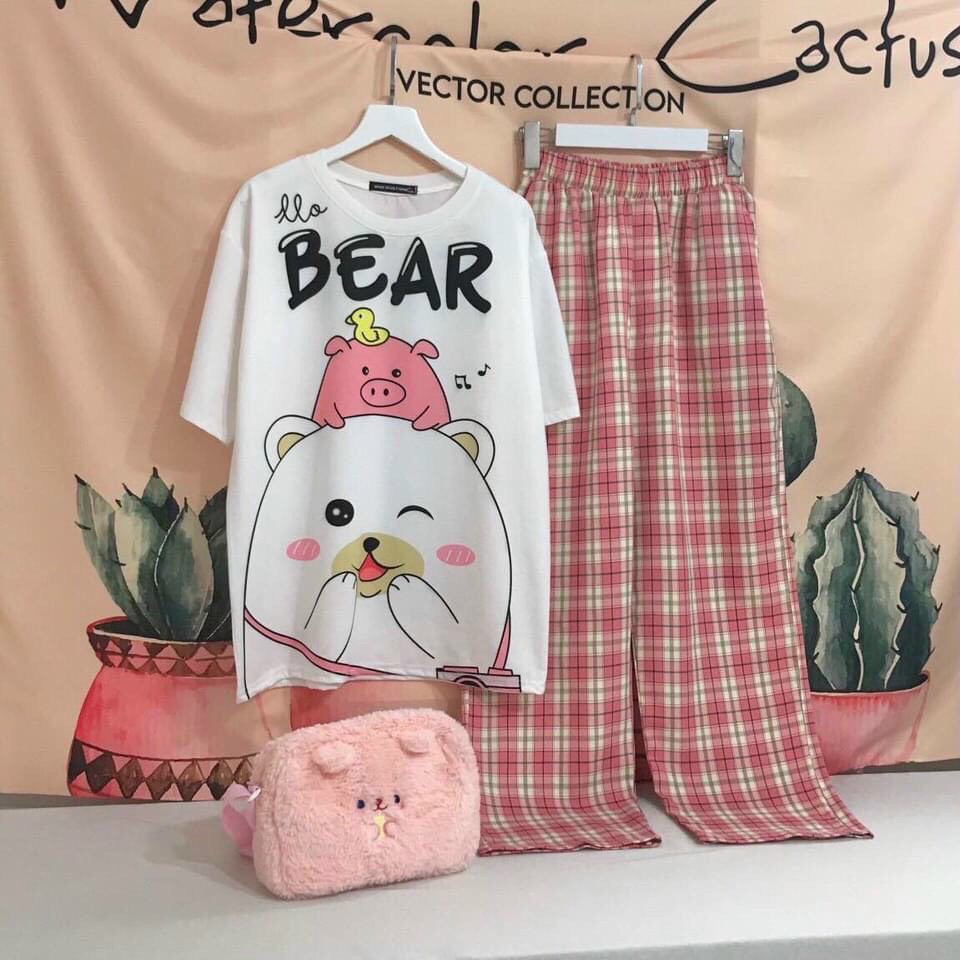 Set Đồ Bộ Nữ Quần Caro Kate Ống Rộng NHIỀU MẪU 05 * Đồ Bộ Hoạt Hình Freesize S.I.Z Fashion | BigBuy360 - bigbuy360.vn