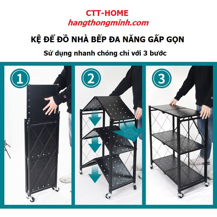 Kệ Thép 3 Tầng Để Đồ Đa Năng Gấp Gọn Có Bánh Xe
