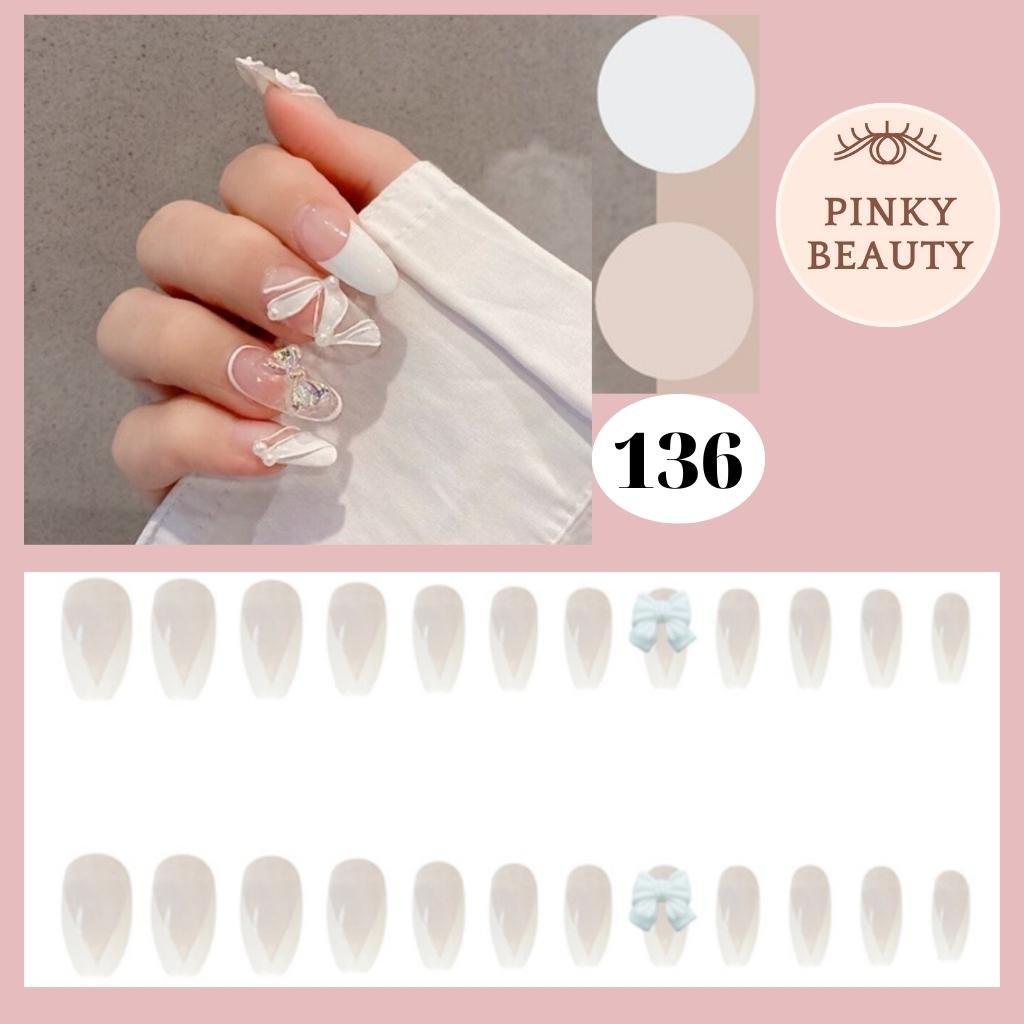 Móng Tay Giả Đính Đá Bộ 24 Móng Giả Pinky Beauty Họa Tiết Đa Dạng, Đẹp Sang Trọng Phong Cách Dài, Ngắn Cho Nữ Kèm Keo