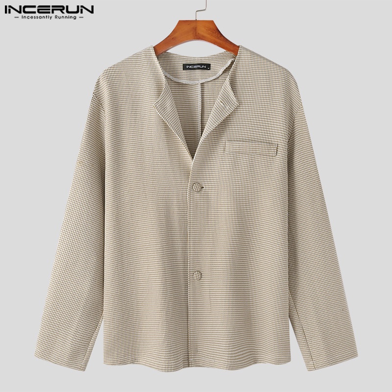 Áo khoác cardigan INCERUN tay dài cài khuy họa tiết sọc caro phong cách retro thời trang cho nam