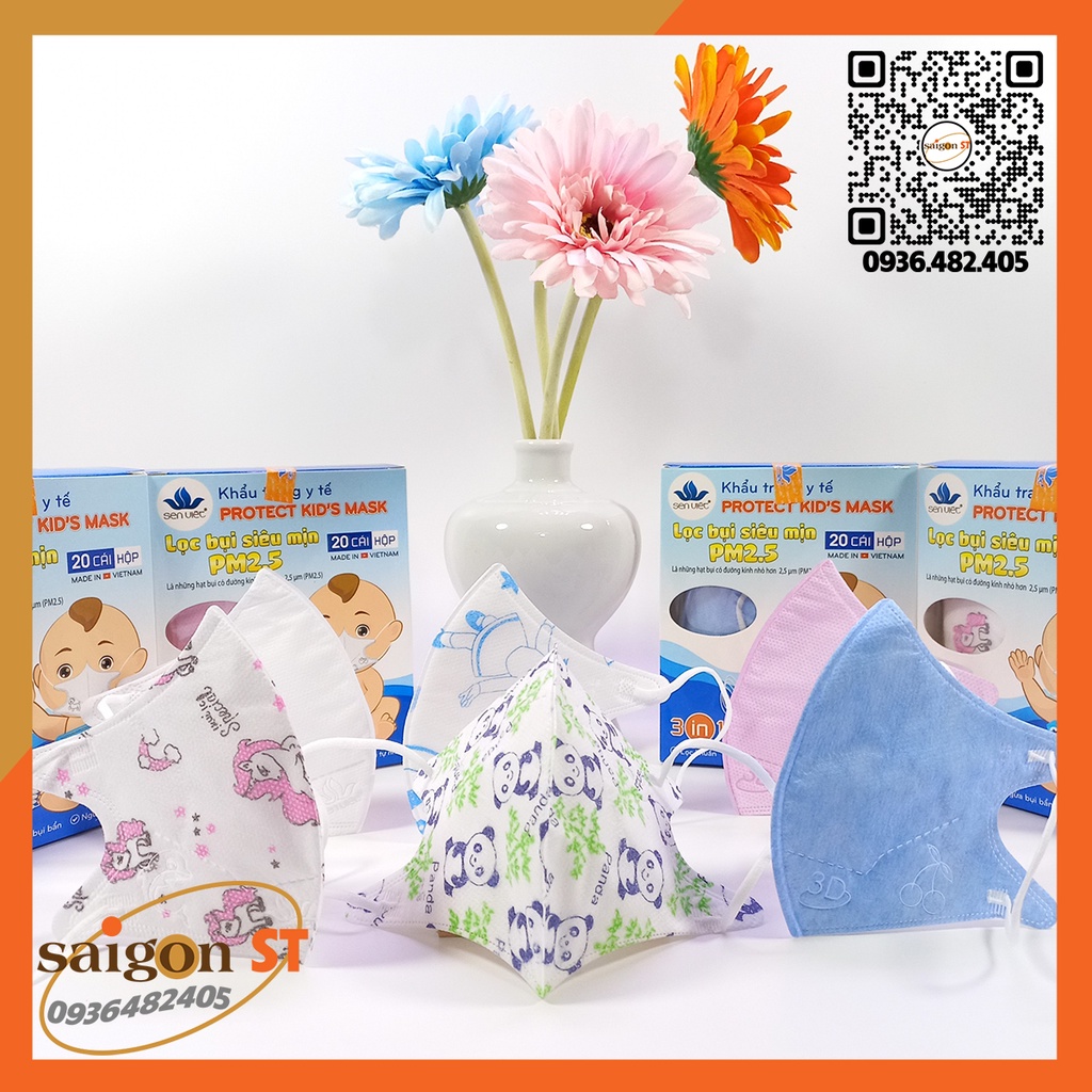 4 lớp Protect Kids Mask, hộp 20 cái khau trang y tế Sen Việt 3D, kháng khuẩn chống bụi siêu mịn