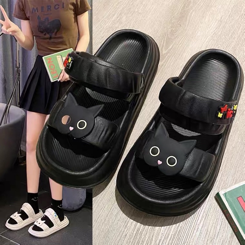 Dép sandal nữ, dép quai hậu nữ đế cao 4cm gắn sticker mặt mèo dễ thương ( hot 2022)