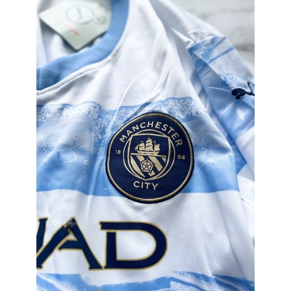 Set Bộ quần áo bóng đá thể thao nam nữ clb manchester city mùa giải 2022 2023 áo xanh trắng quần xanh logo thêu đầy đủ