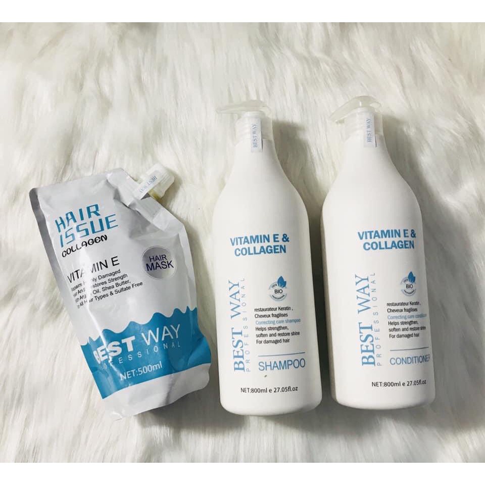 Cặp Dầu Gội Xa BEST WAY Vitamin E & Collagen 800Ml Nuôi Dưỡng, Phục Hồi Tóc Siêu Mượt. Hàng Chính Hãng