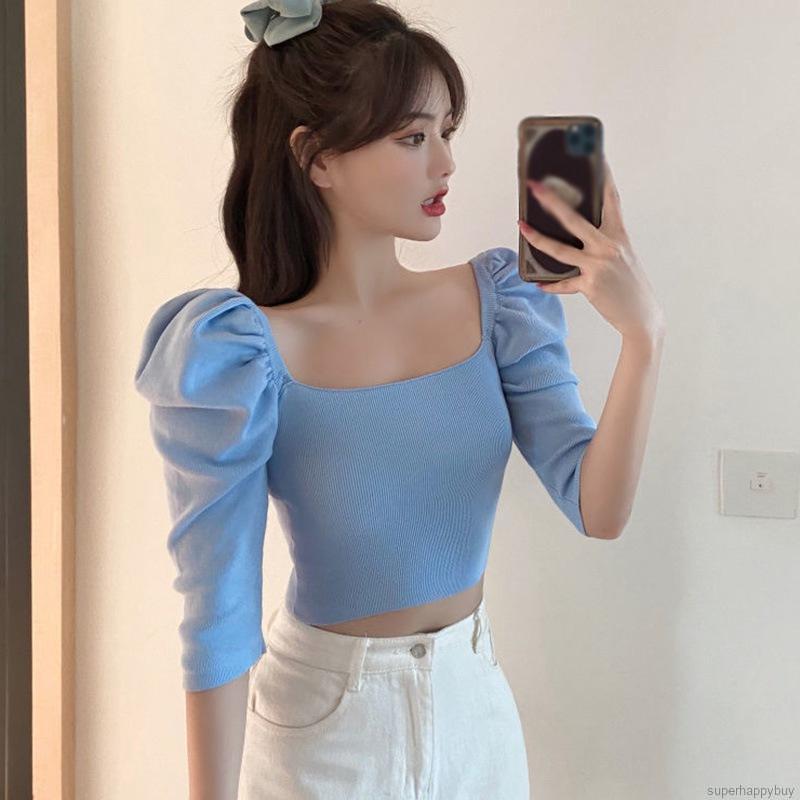 Áo Croptop Dệt Kim Tay Phồng Cổ Vuông Thiết Kế Thanh Lịch Cho Nữ