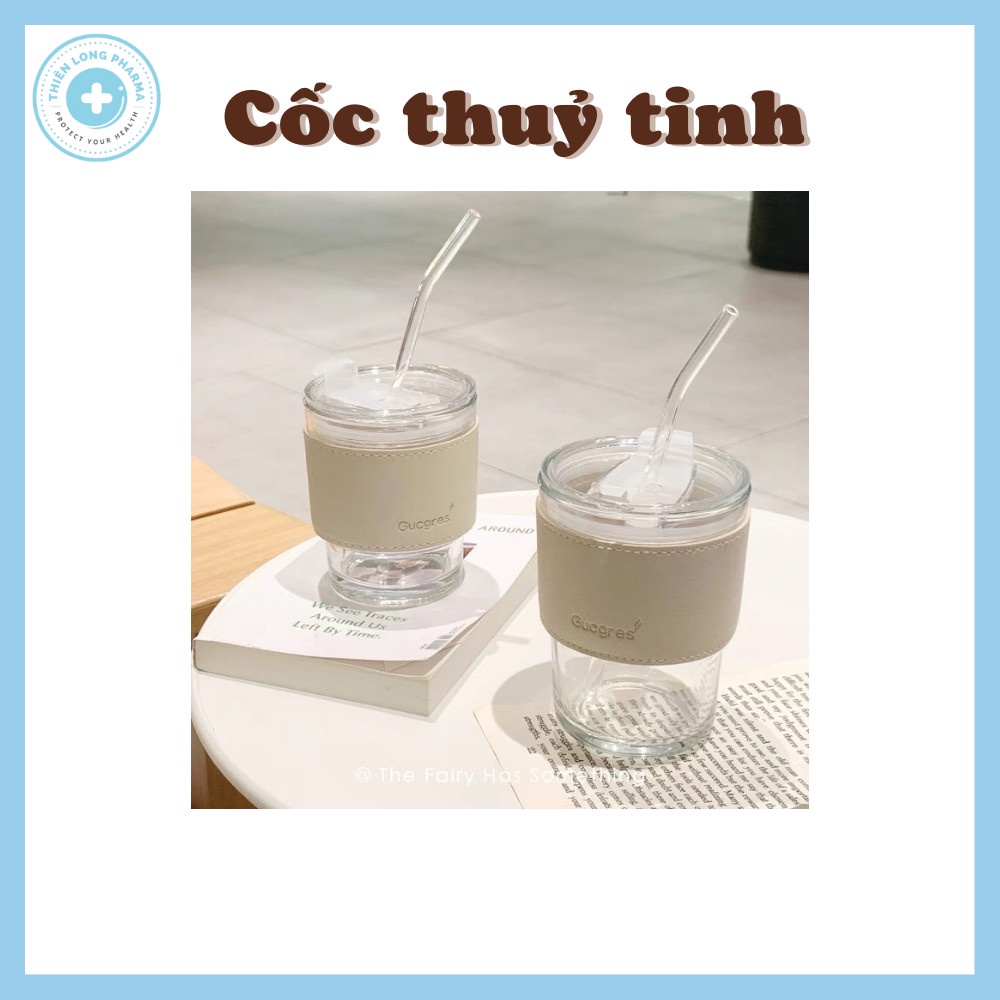 Cốc thuỷ tinh 450ml tặng Sticker trang trí ly, bình nước thuỷ tinh có nắp kèm bao da