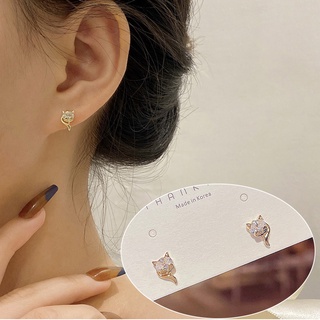 Đôi khuyên tai chốt xỏ bạc S925 thép titan mạ vàng mặt hình chú cáo đính đá phong cách đơn giản đáng yêu dành cho nữ