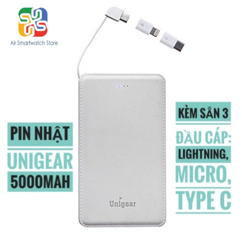 Sạc dự phòng Nhật Unigear 5000mAh kèm cáp,type C,micro