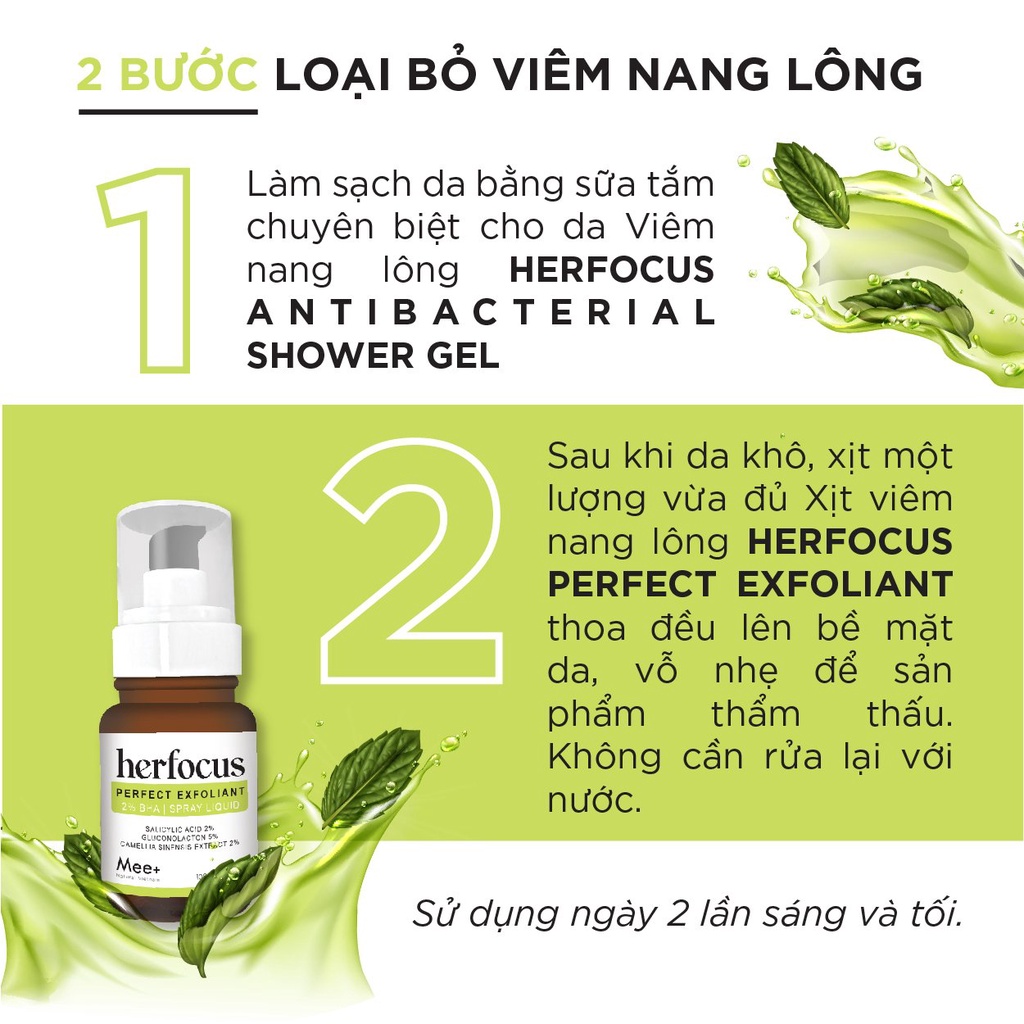 Viêm nang lông, viêm lỗ chân lông HERFOCUS - Xịt viêm nang lông 2% BHA 100ml