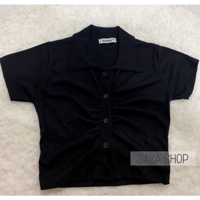 Áo croptop nữ thun cổ sơ mi nhún chỉ nút gài nhiều màu