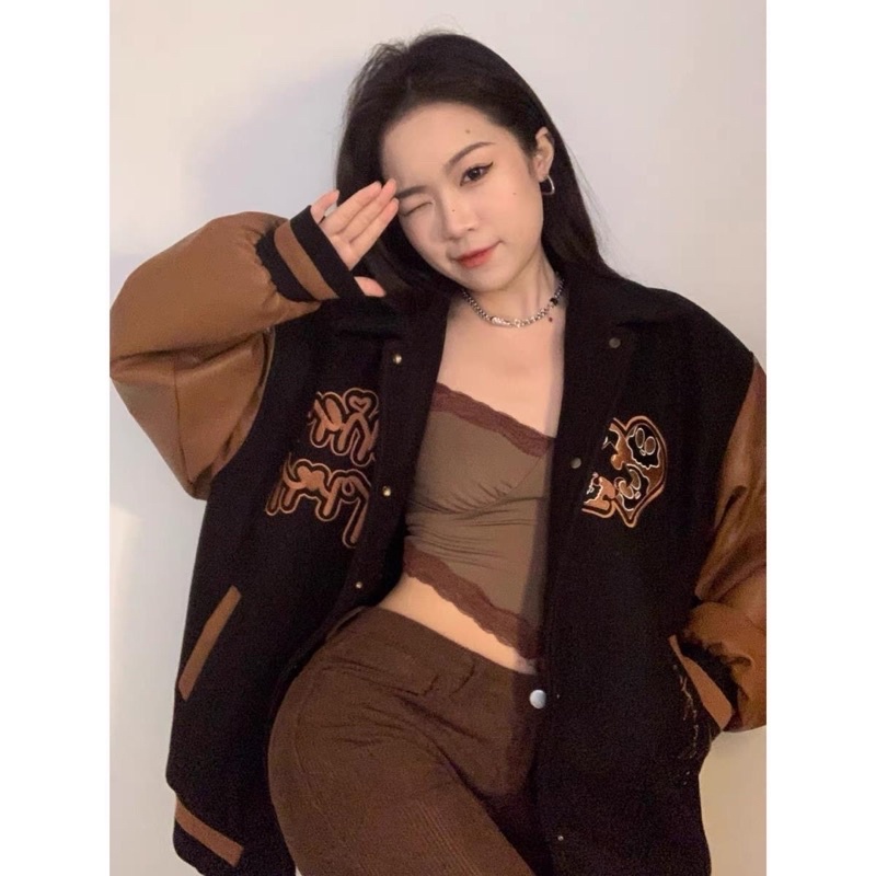 Áo khoác bomber varsity jacket nam nữ LOGICAL màu đen tay nâu cafe cực chất 2021
