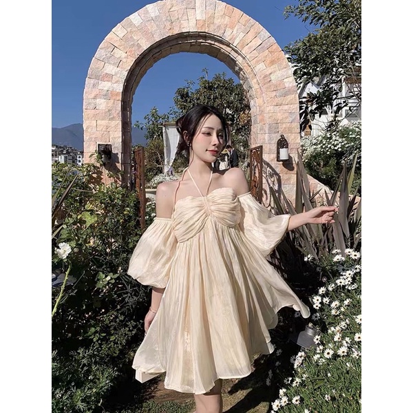 243 Đầm tơ trễ vai nude rút ngực TRÂM ANH BOUTIQUE siêu sang chảnh (có mút ngực) | BigBuy360 - bigbuy360.vn