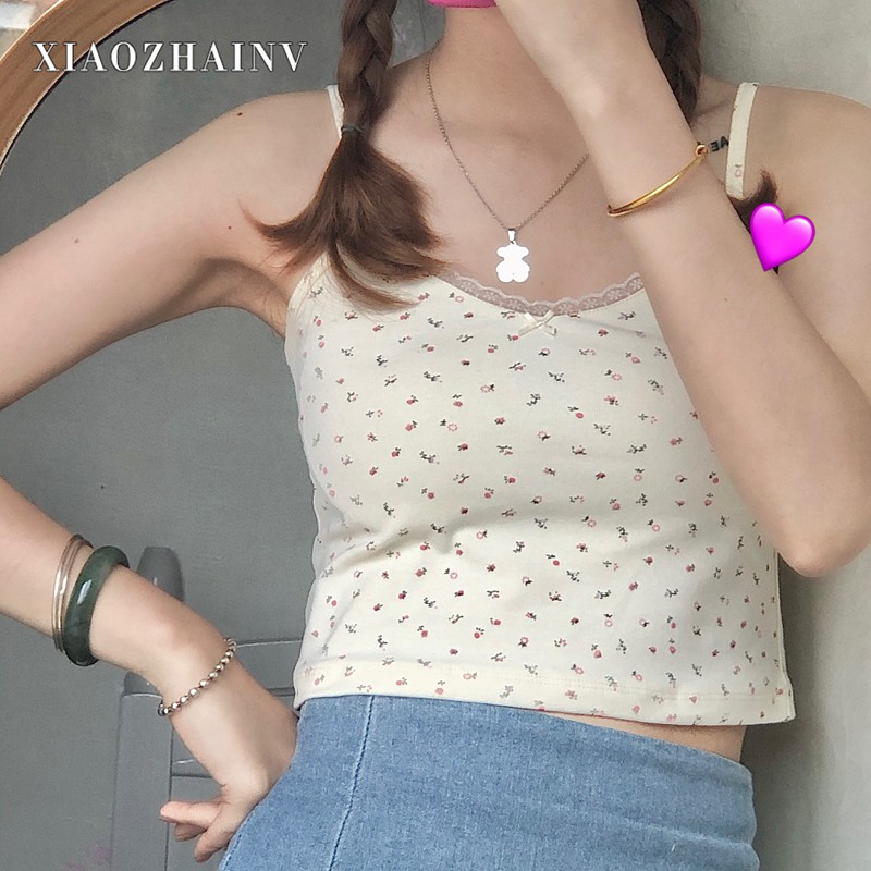 Áo Croptop Xiaozhainv Không Tay Viền Ren Hoa Dáng Ôm Gợi Cảm