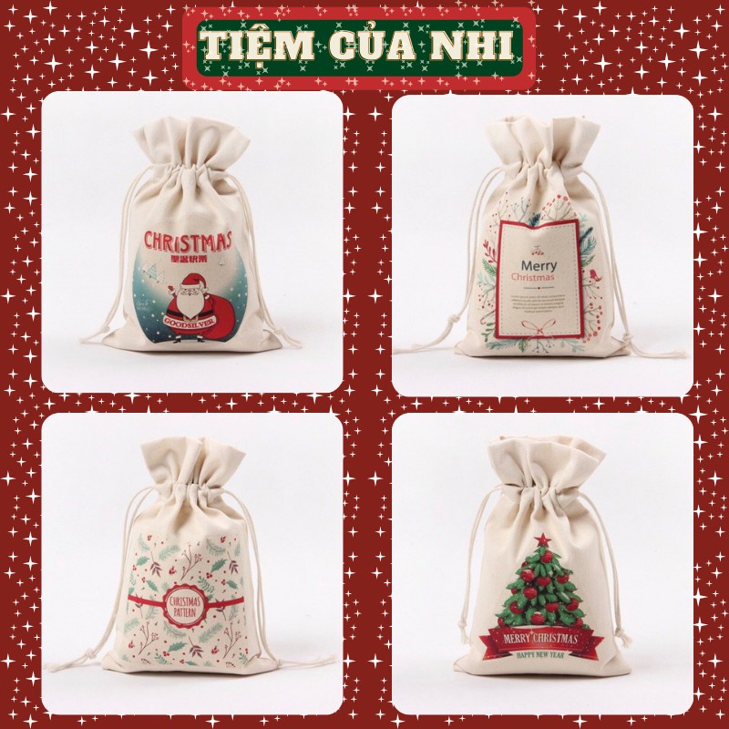 Túi vải dây rút mini cotton đựng đồ dùng cá nhân trang điểm in hình noel món quà giáng sinh 16X23CM Tiệm Của Nhi TVDR01