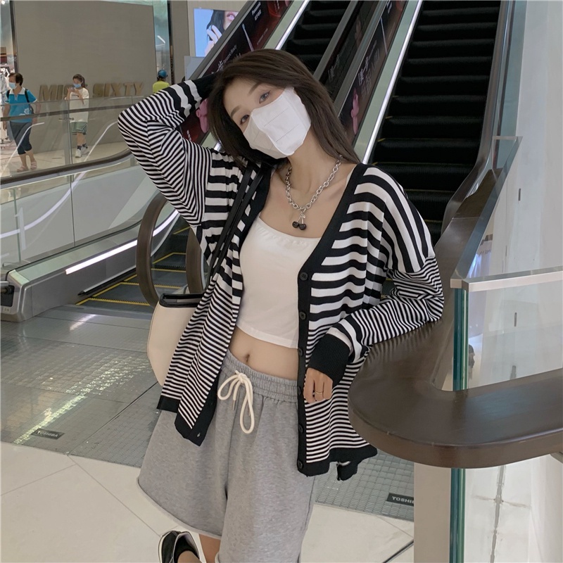 Áo Khoác Cardigan Dệt Kim Tay Dài Cổ Chữ V Hoạ Tiết Kẻ Sọc Cho Phái Nữ