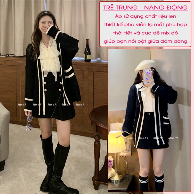Áo Khoác Cardigan Nữ MIN19 Áo Khoác Len Mỏng Dệt Kim Tay Dài Dáng Dài Kiểu Cổ V Hàn Quốc Form Rộng Bigsize Màu Trắng Đen