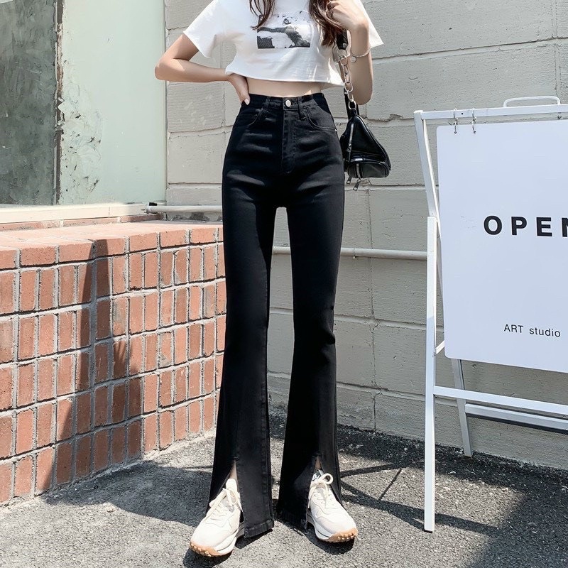 Quần jeans loe đen dáng dài xẻ gấu co dãn ôm dáng cực hot